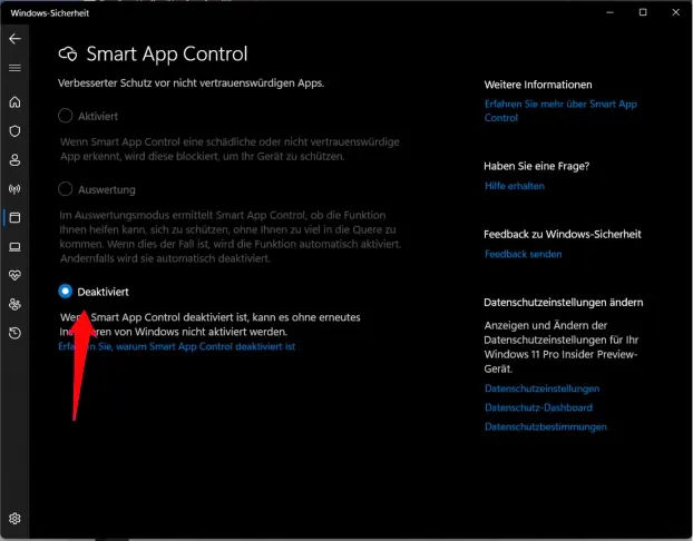 Schritt 6: Smart App Control deaktivieren